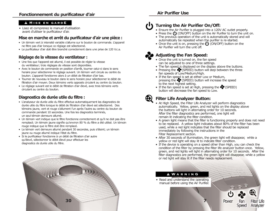 3M FAP03, FAP02 manual Diagnostics de durée utile du filtre, Air Purifier Use Turning the Air Purifier On/Off 