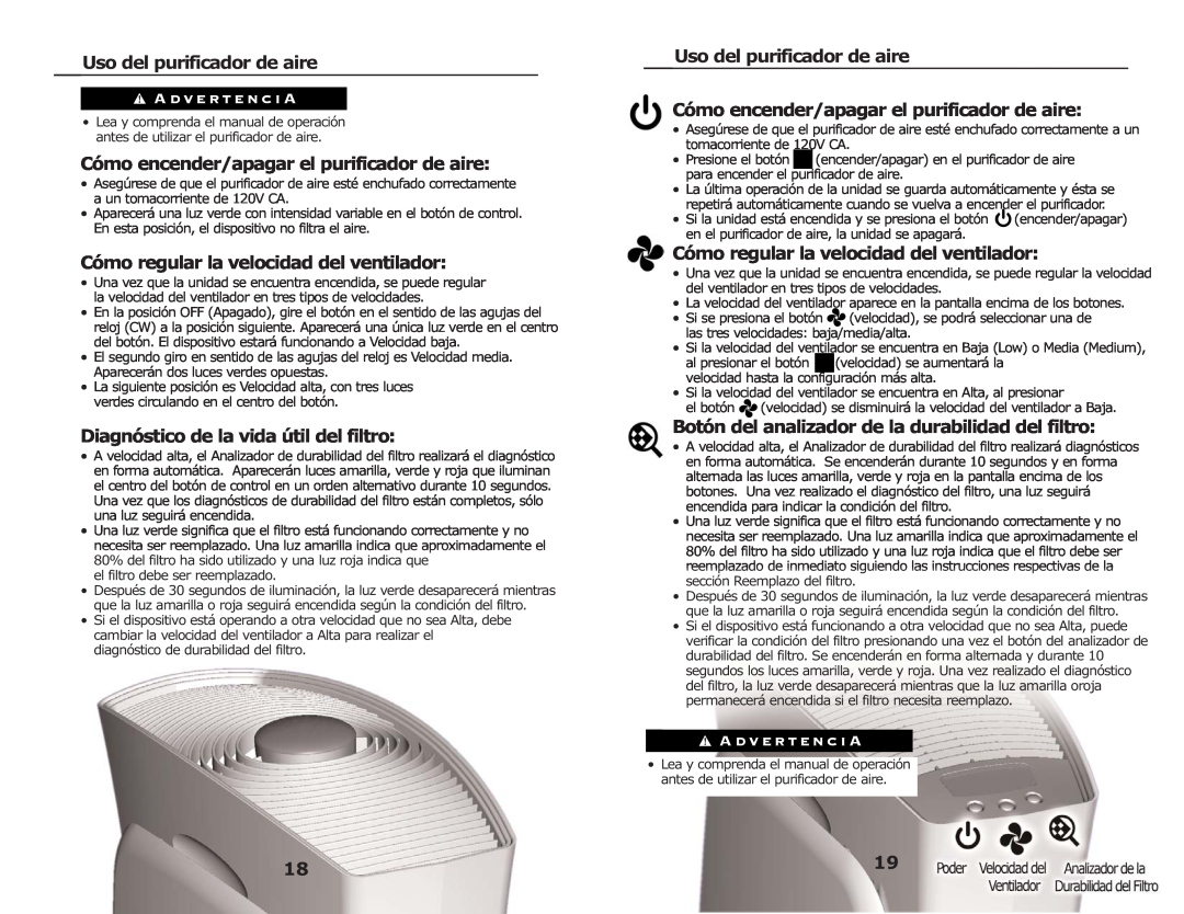3M FAP02 Uso del purificador de aire, Cómo encender/apagar el purificador de aire, Diagnóstico de la vida útil del filtro 