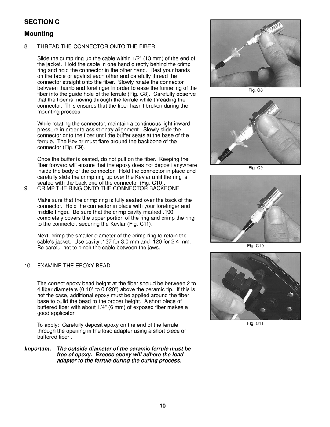 3M FC, PC3 manual Thread the Connector Onto the Fiber, Crimp the Ring Onto the Connector Backbone, Examine the Epoxy Bead 