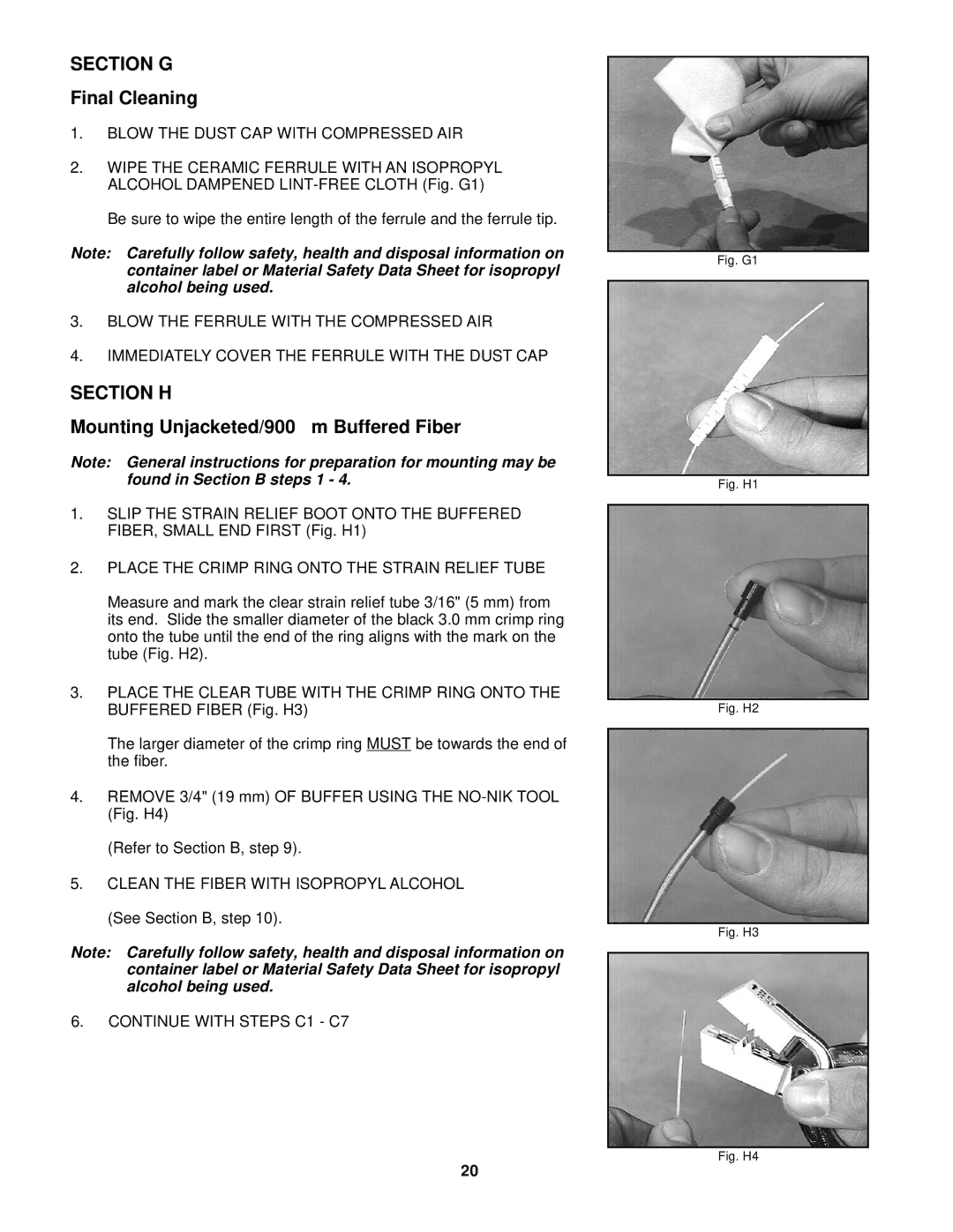 3M FC, PC3 manual Section G, Final Cleaning, Section H, Mounting Unjacketed/900 ›m Buffered Fiber 