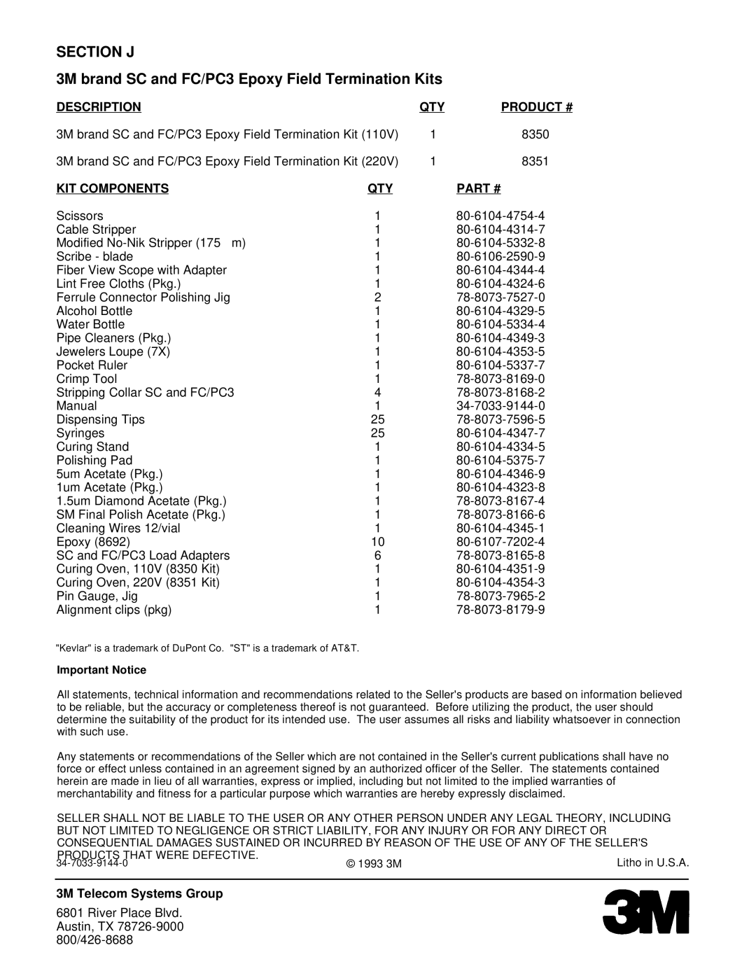 3M manual Section J, 3M brand SC and FC/PC3 Epoxy Field Termination Kits 