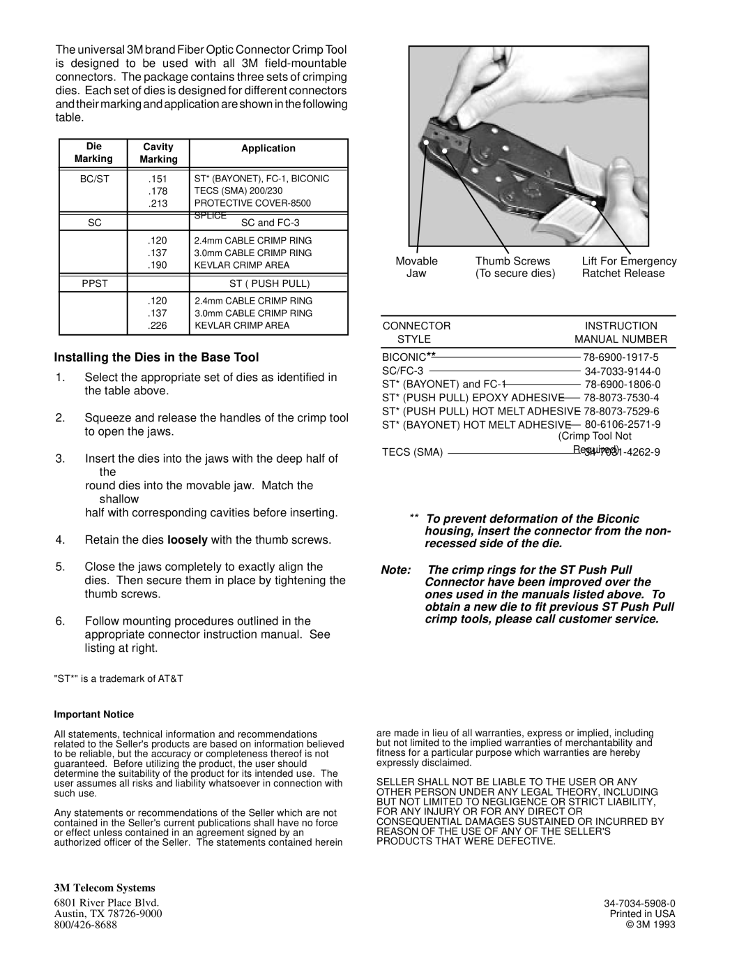 3M Fiber Optic Connector Crimp Tool manual Installing the Dies in the Base Tool, Die Cavity Application, Important Notice 