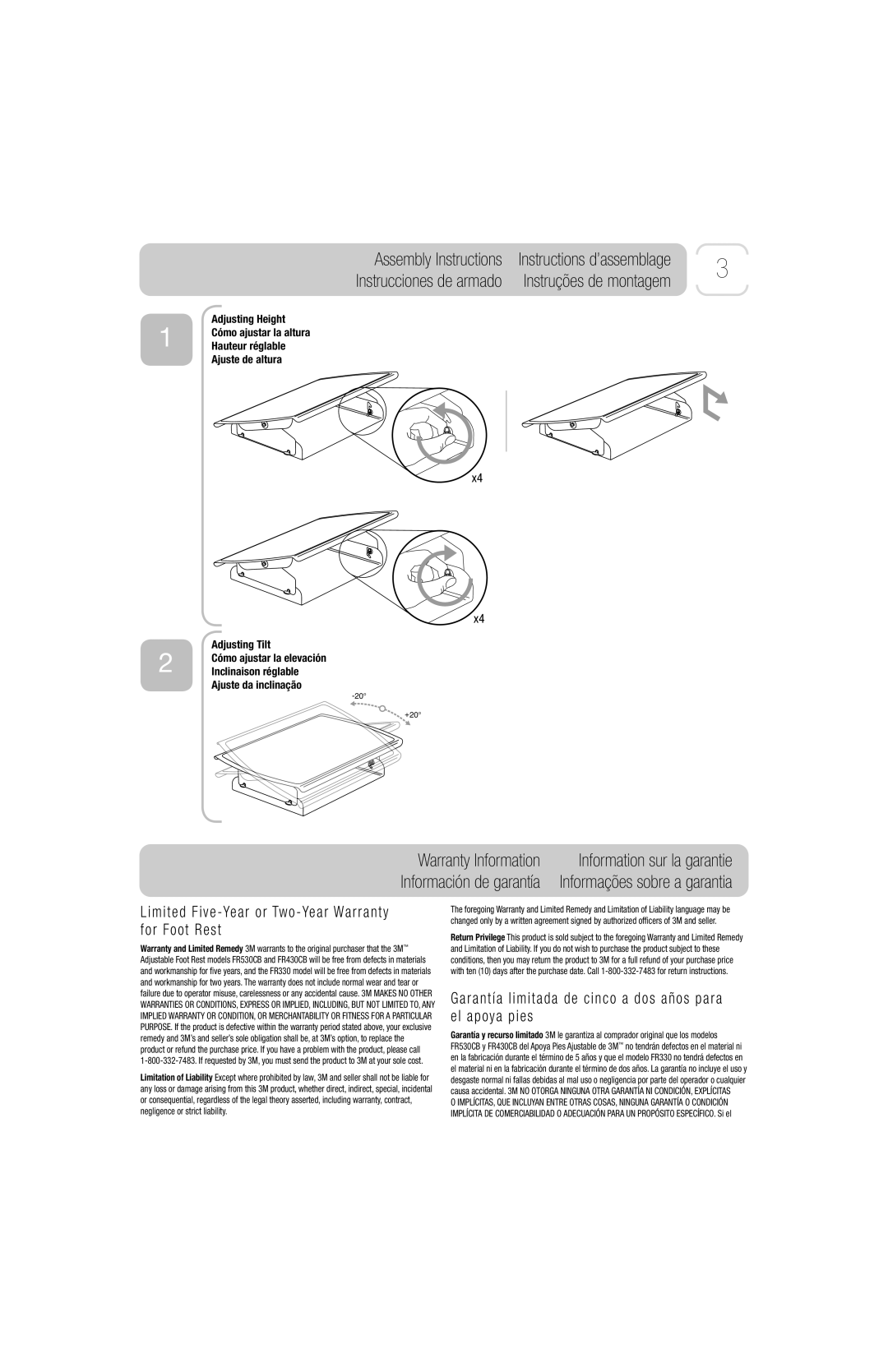 3M FR530CB Limited Five-Year or Two-Year Warranty for Foot Rest, Garantía limitada de cinco a dos años para el apoya pies 