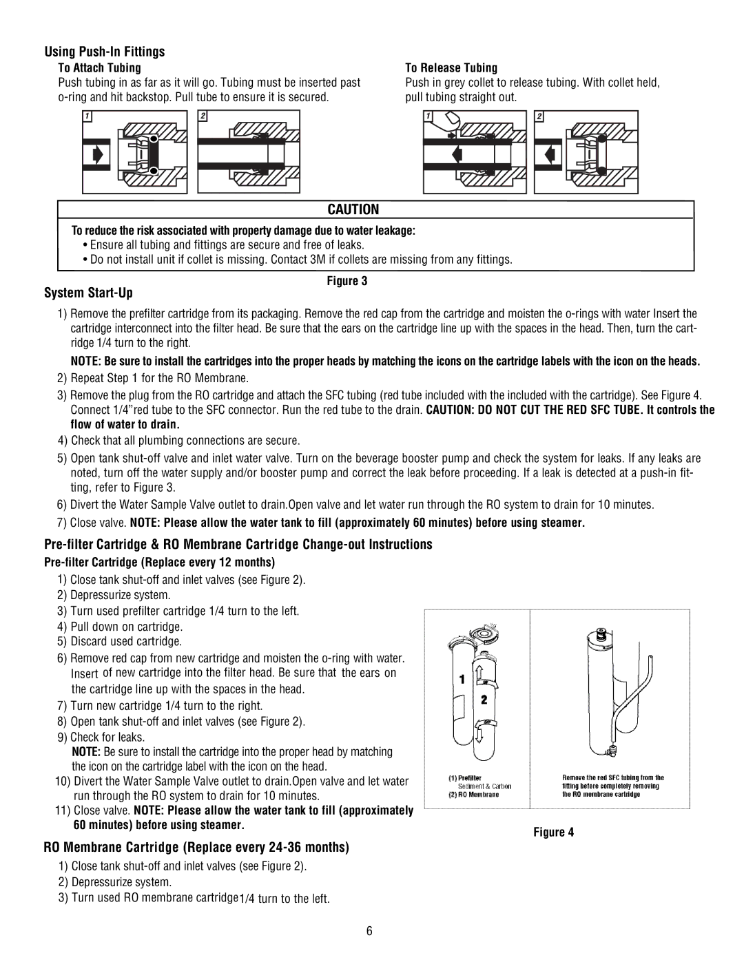 3M FSTMO75 manual Using Push-In Fittings, System Start-Up, RO Membrane Cartridge Replace every 24-36 months 