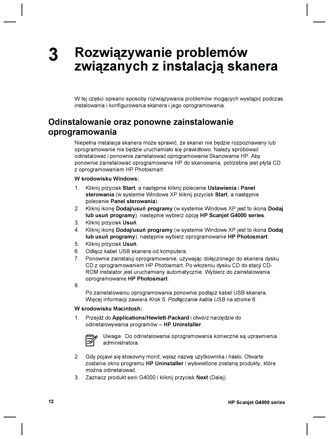 3M G4000 manual Rozwiązywanie problemów związanych z instalacją skanera, Środowisku Windows, Środowisku Macintosh 