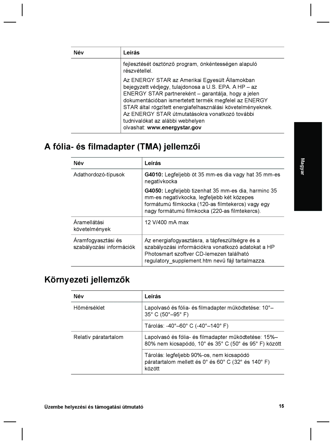 3M G4000 manual Fólia- és filmadapter TMA jellemzői, Környezeti jellemzők 