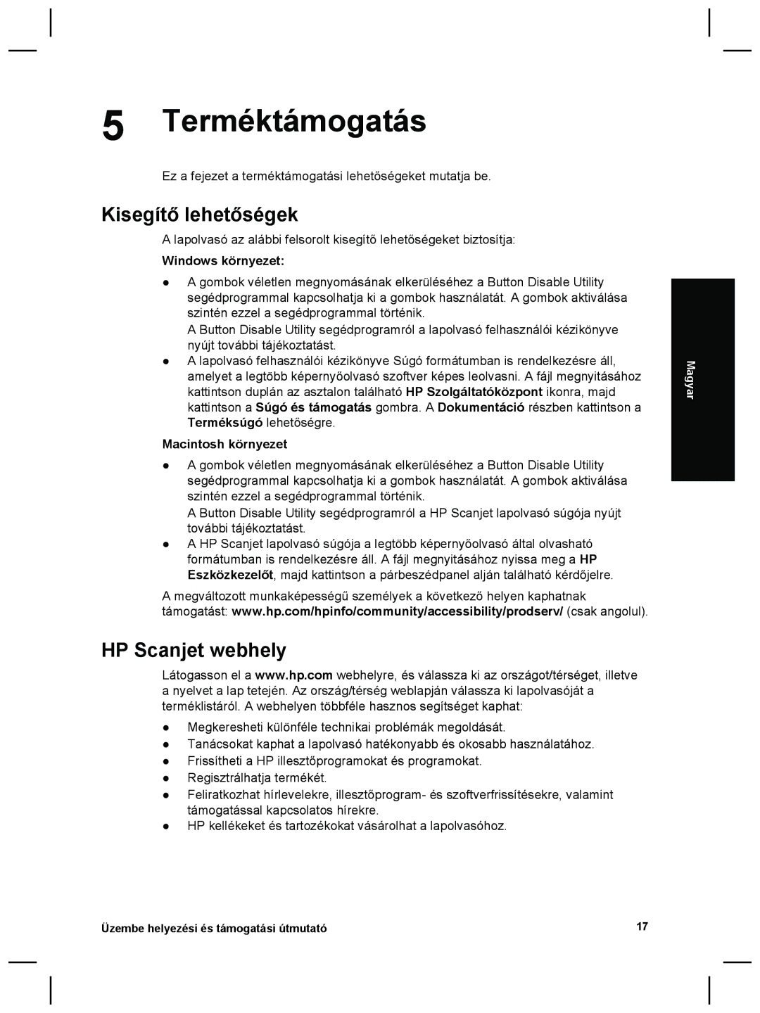 3M G4000 manual Terméktámogatás, Kisegítő lehetőségek, HP Scanjet webhely 