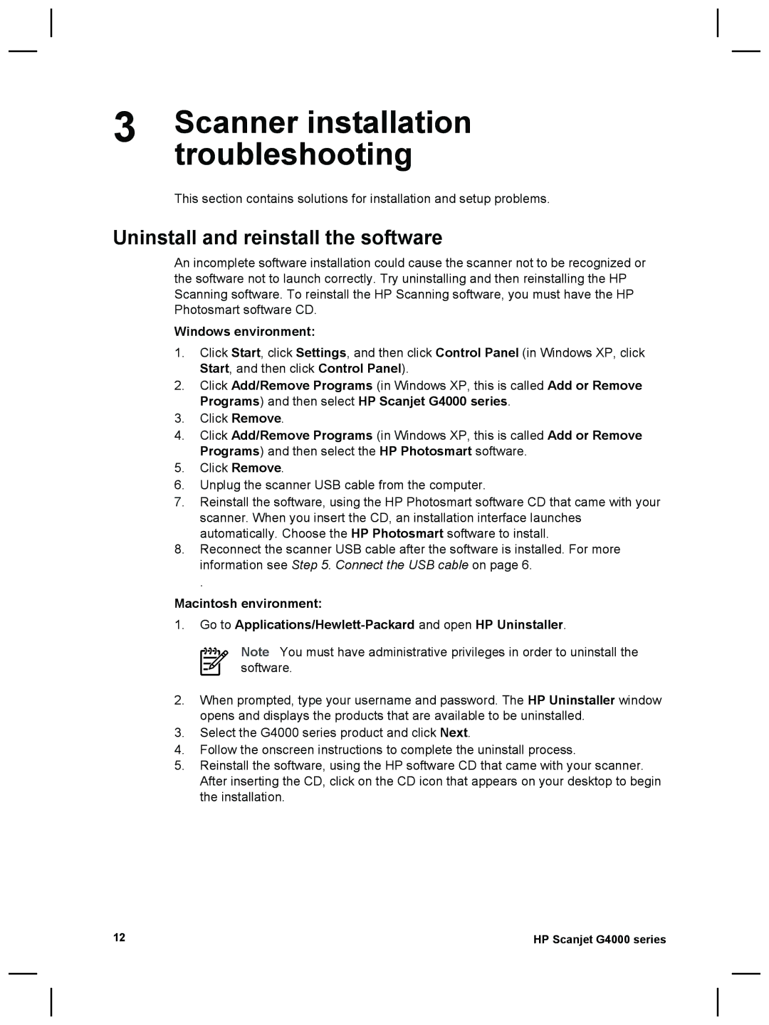 3M G4000 manual Scanner installation, Troubleshooting, Uninstall and reinstall the software, Windows environment 