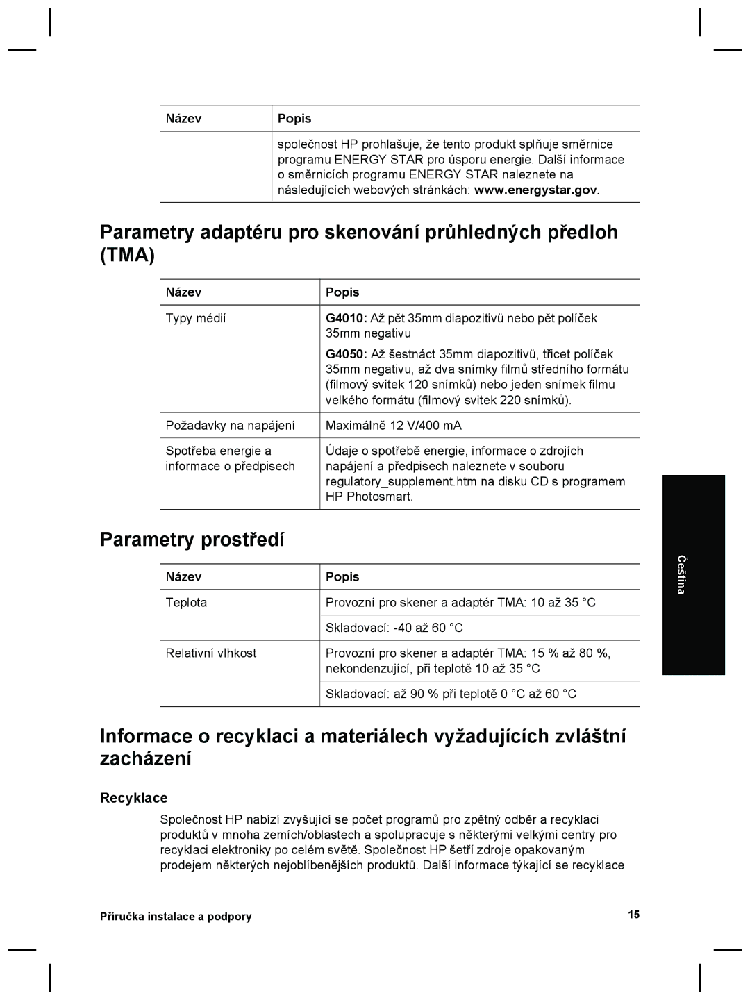 3M G4000 manual Parametry adaptéru pro skenování průhledných předloh TMA, Parametry prostředí, Recyklace 