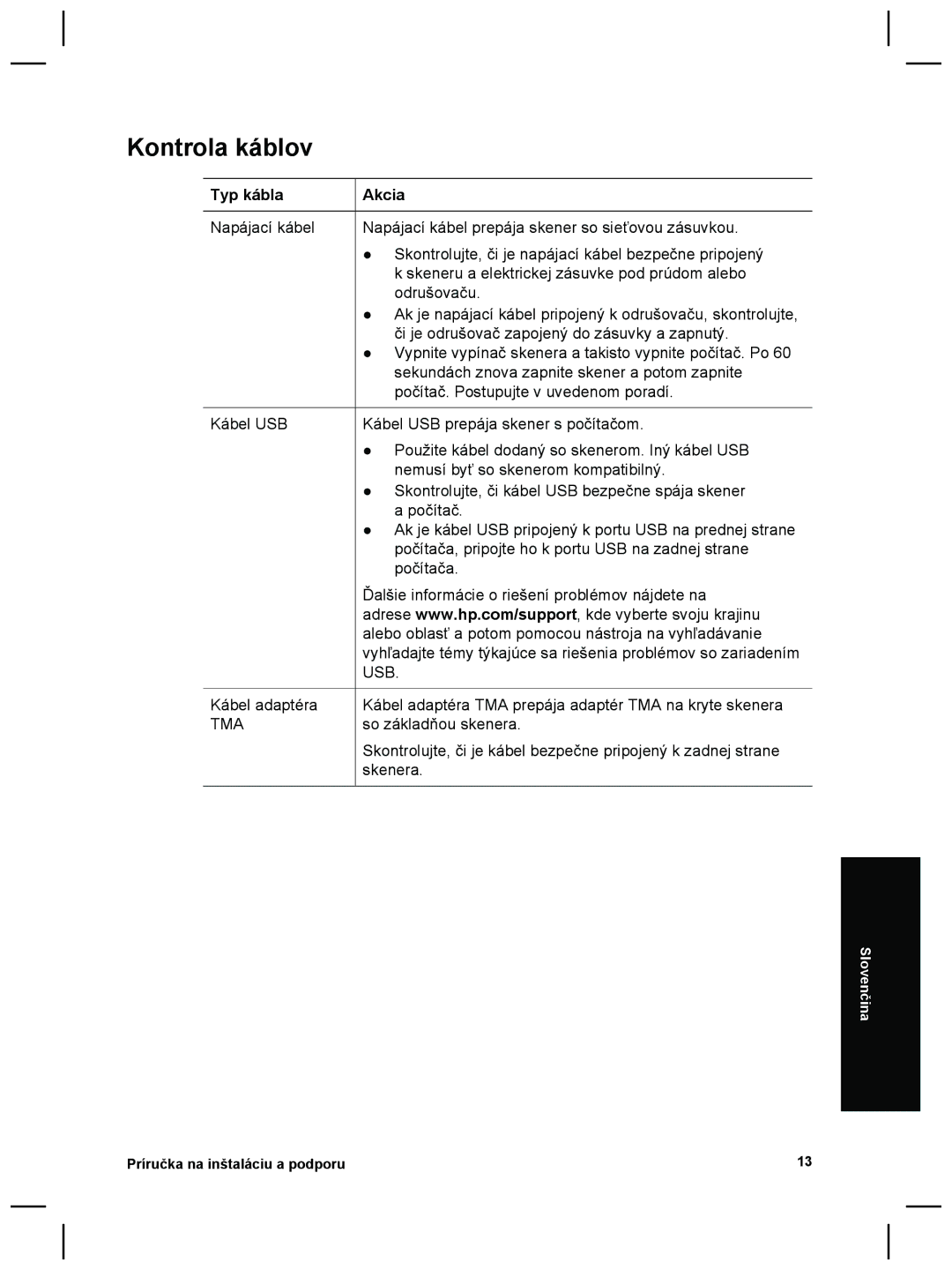 3M G4000 manual Kontrola káblov, Typ kábla Akcia 