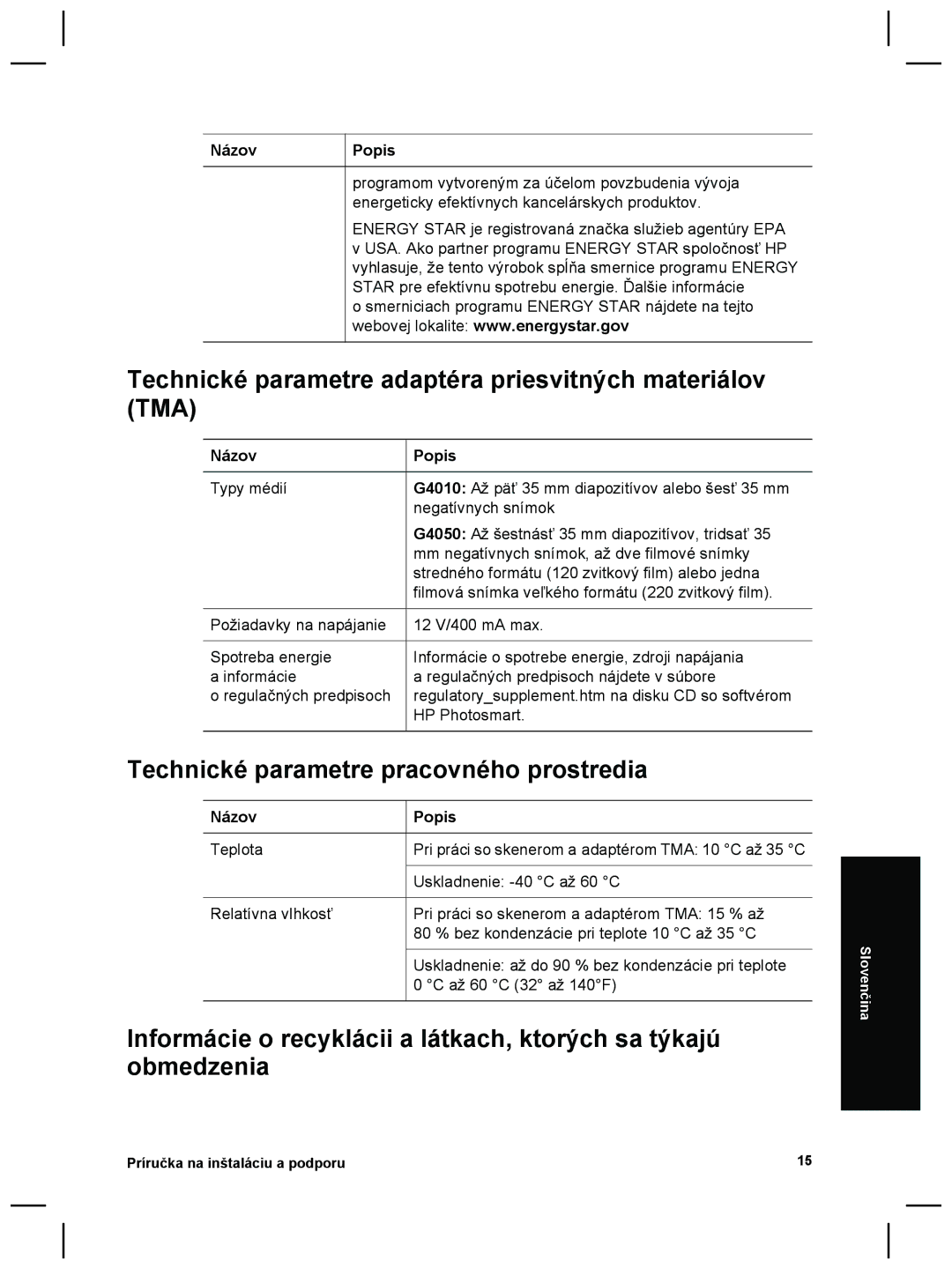 3M G4000 manual Technické parametre adaptéra priesvitných materiálov TMA, Technické parametre pracovného prostredia 