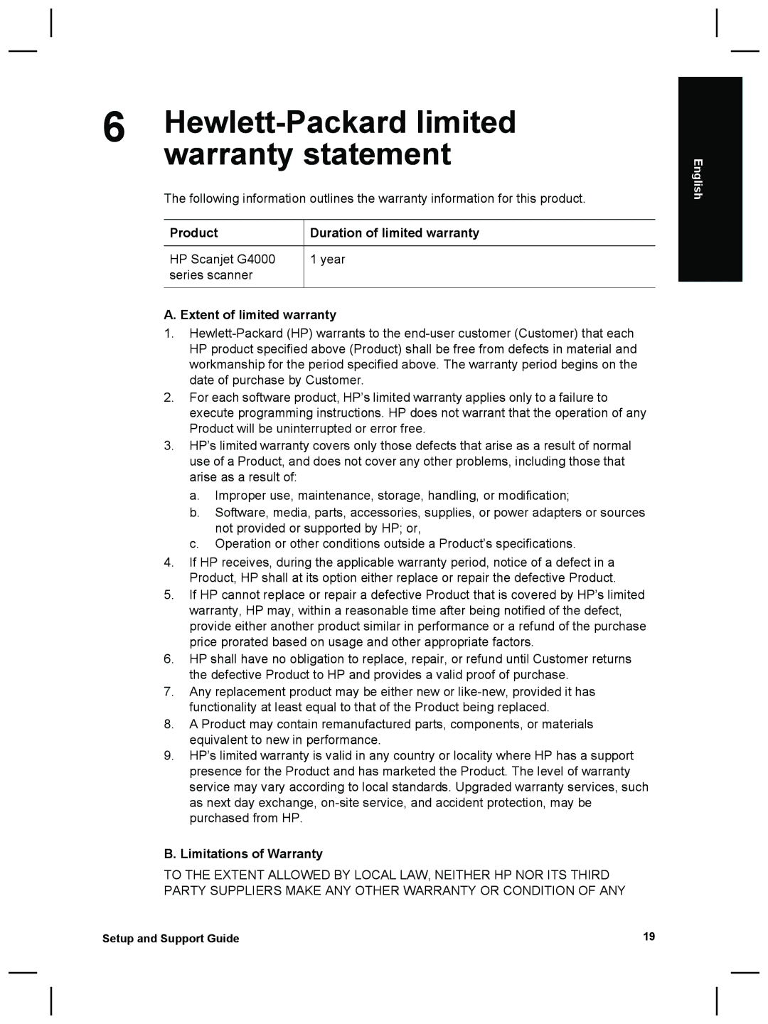 3M G4000 Hewlett-Packard limited, Warranty statement, Product Duration of limited warranty, Extent of limited warranty 