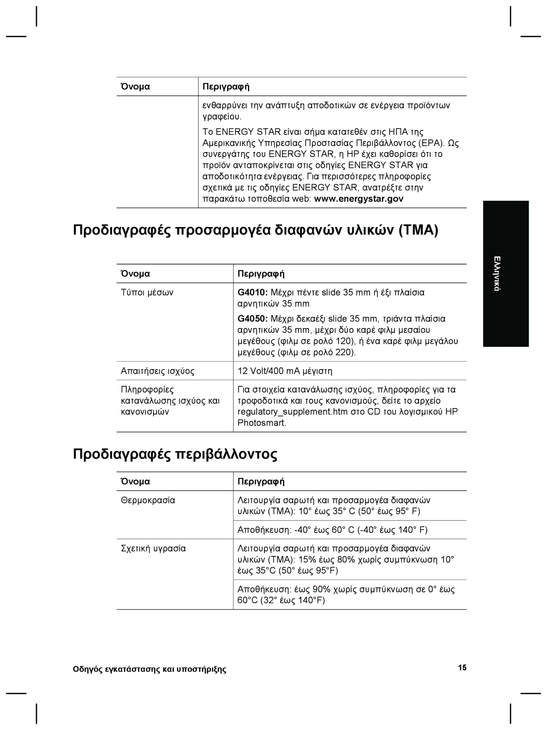 3M G4000 manual Προδιαγραφές προσαρµογέα διαφανών υλικών TMA, Προδιαγραφές περιβάλλοντος 