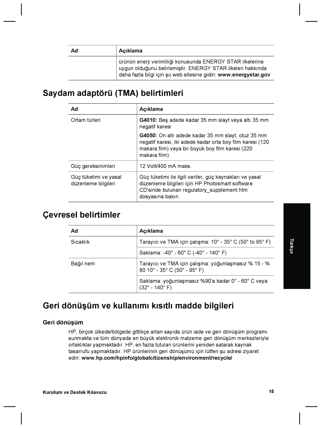 3M G4000 manual Saydam adaptörü TMA belirtimleri, Çevresel belirtimler, Geri dönüşüm ve kullanımı kısıtlı madde bilgileri 