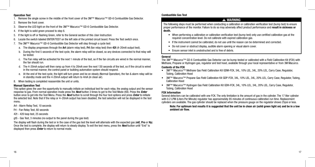 3M GD-6 manual Manual Operation Test, Combustible Gas Test, Contents of the FCK, FCK Information 