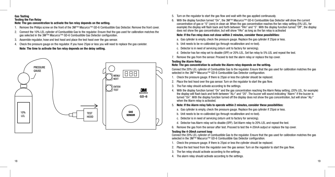 3M GD-6 manual Gas Testing Testing the Fan Relay, Testing the Alarm Relay, Testing the 4-20mA current loop 