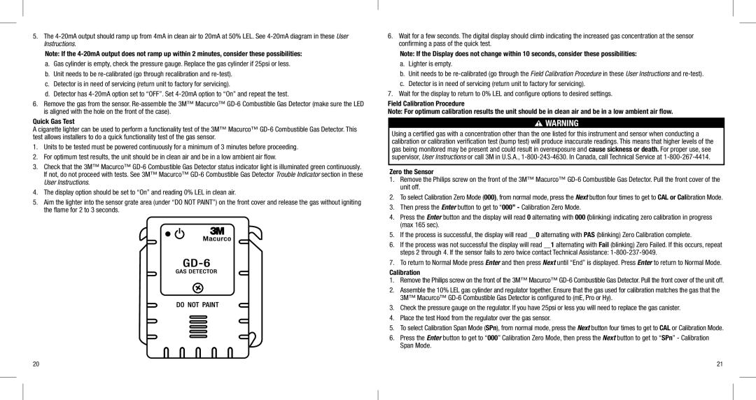 3M GD-6 manual Quick Gas Test, Field Calibration Procedure, Zero the Sensor 