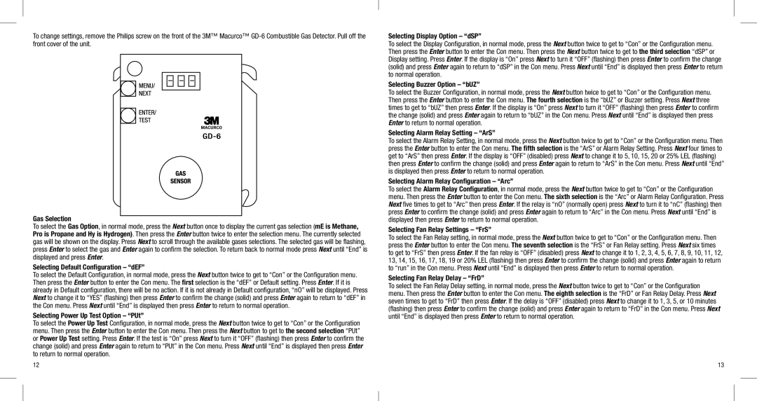 3M GD-6 manual Gas Selection, Selecting Default Configuration dEF, Selecting Power Up Test Option PUt 