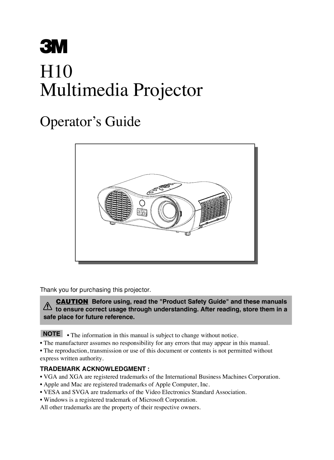 3M manual H10 Multimedia Projector 