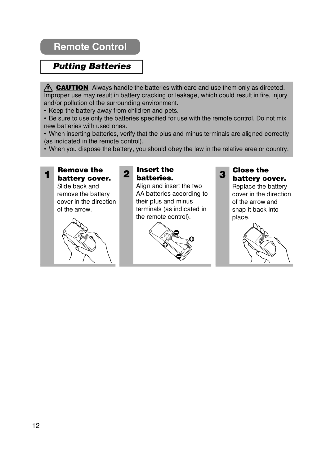 3M H10 manual Remote Control, Putting Batteries, Remove Battery cover, Insert Batteries, Close Battery cover 