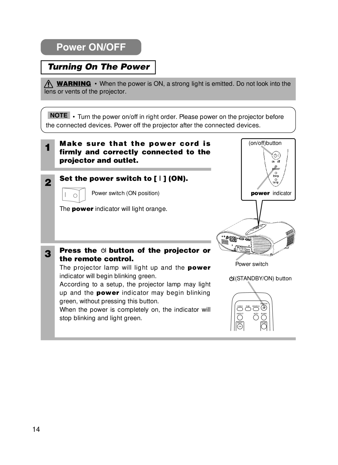 3M H10 manual Power ON/OFF, Turning On The Power, Make sure that the power cord is, Press the button of the projector or 