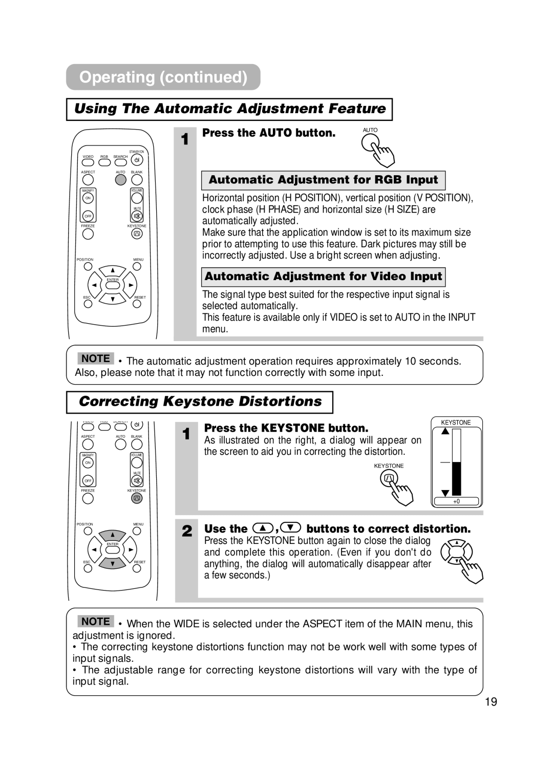 3M H10 manual Using The Automatic Adjustment Feature, Correcting Keystone Distortions 