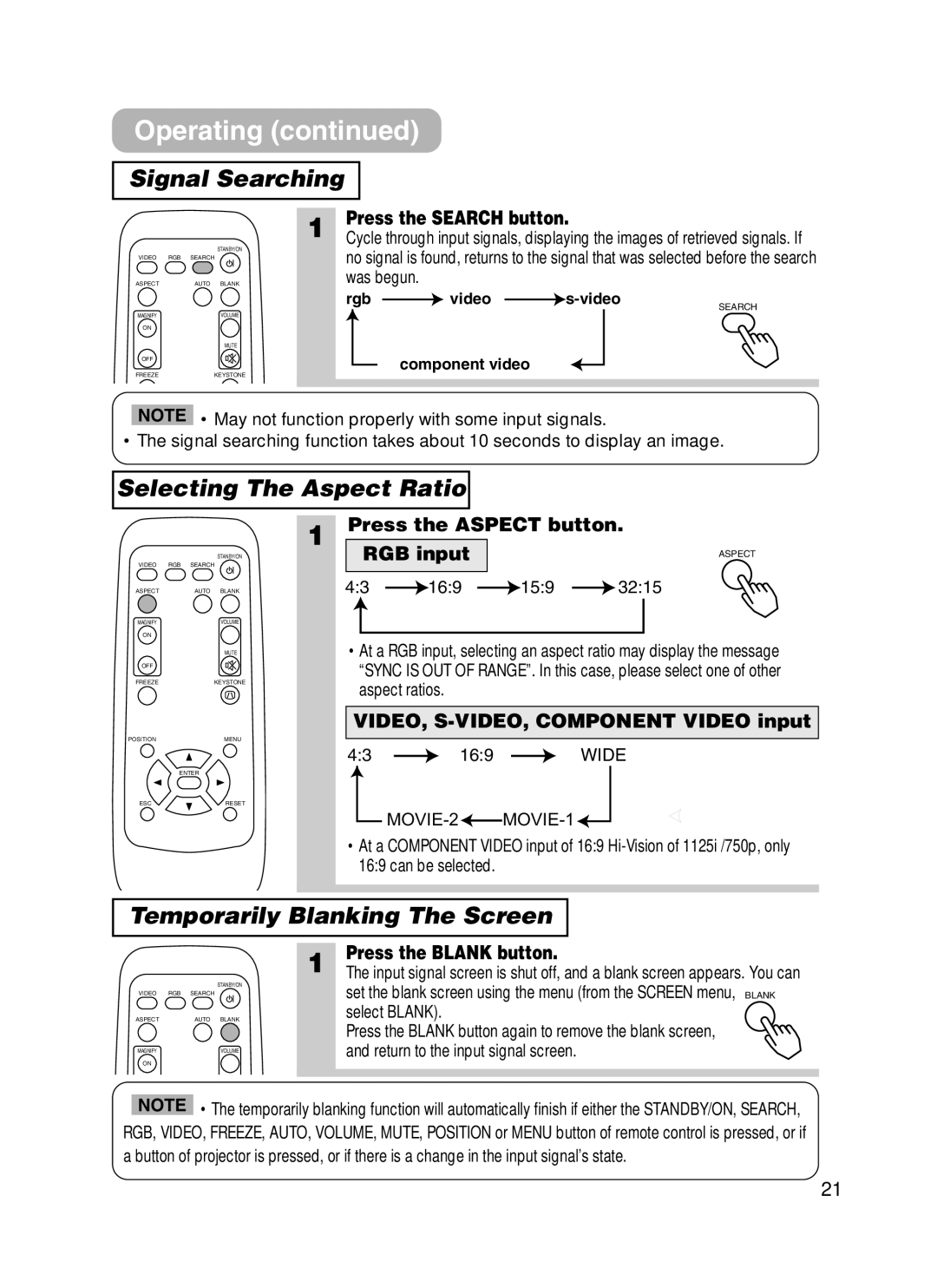 3M H10 manual Signal Searching, Selecting The Aspect Ratio, Temporarily Blanking The Screen 