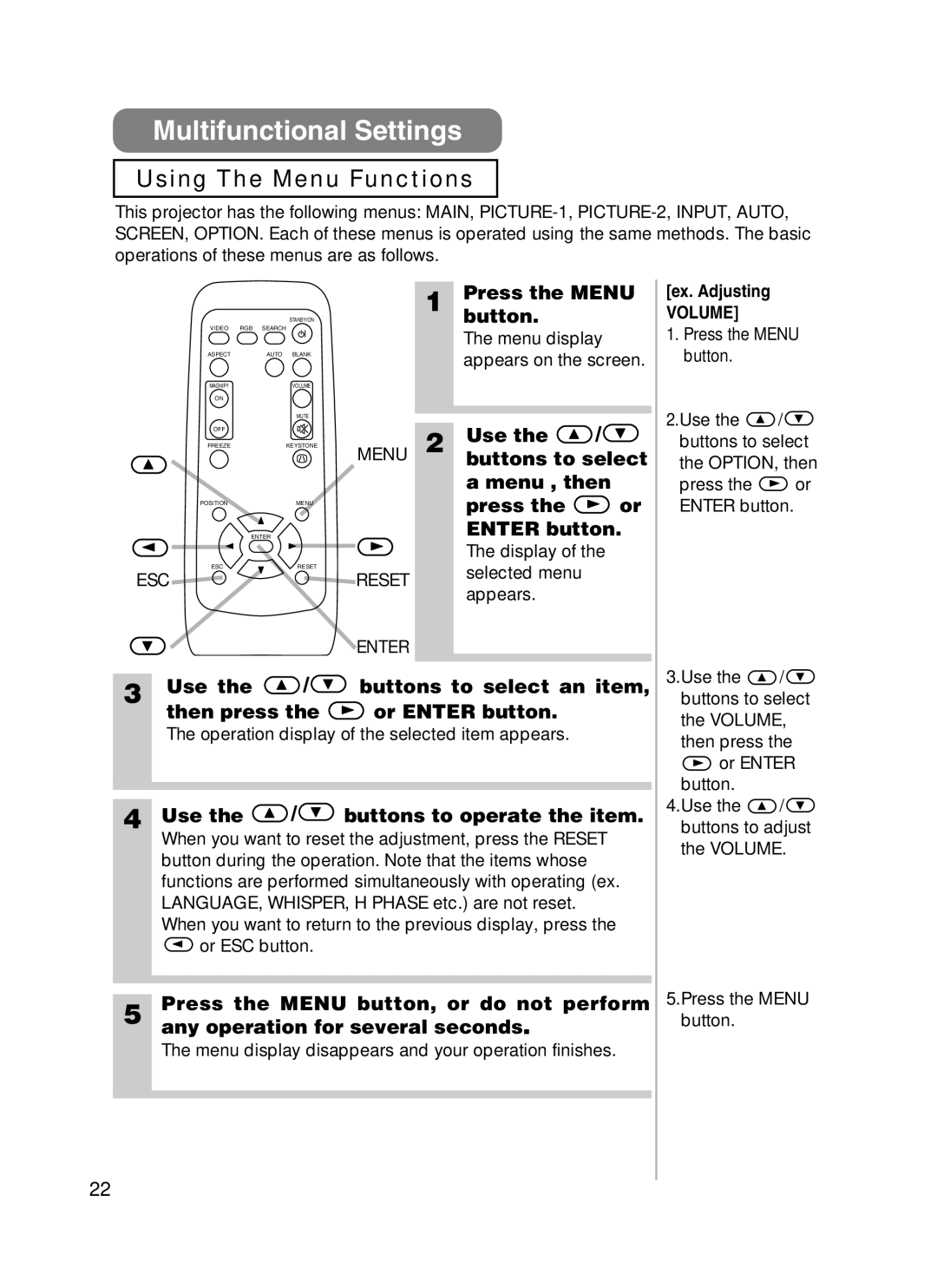 3M H10 manual Multifunctional Settings, Using The Menu Functions 