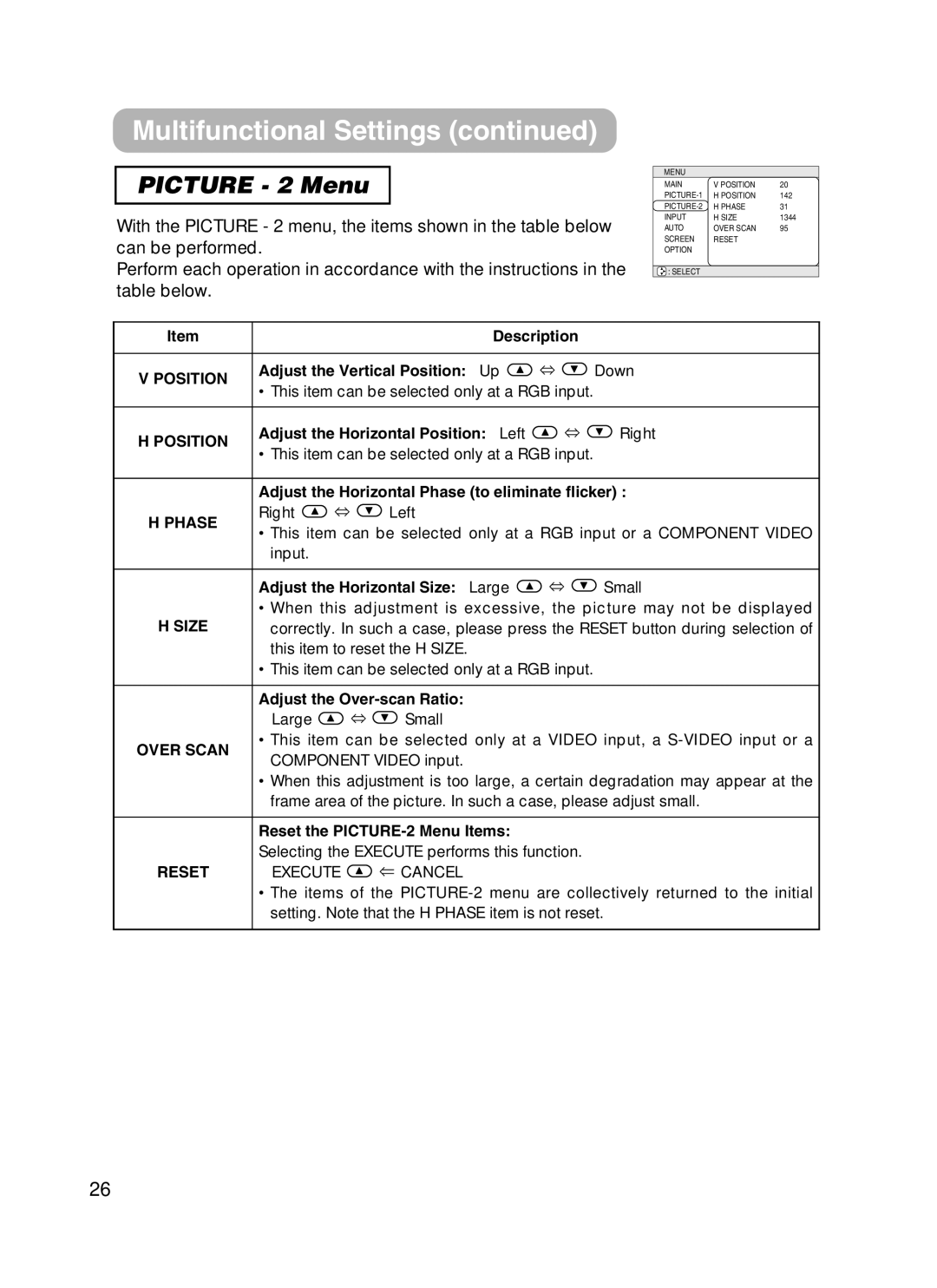 3M H10 manual Picture 2 Menu, Position, Phase, Size, Over Scan 