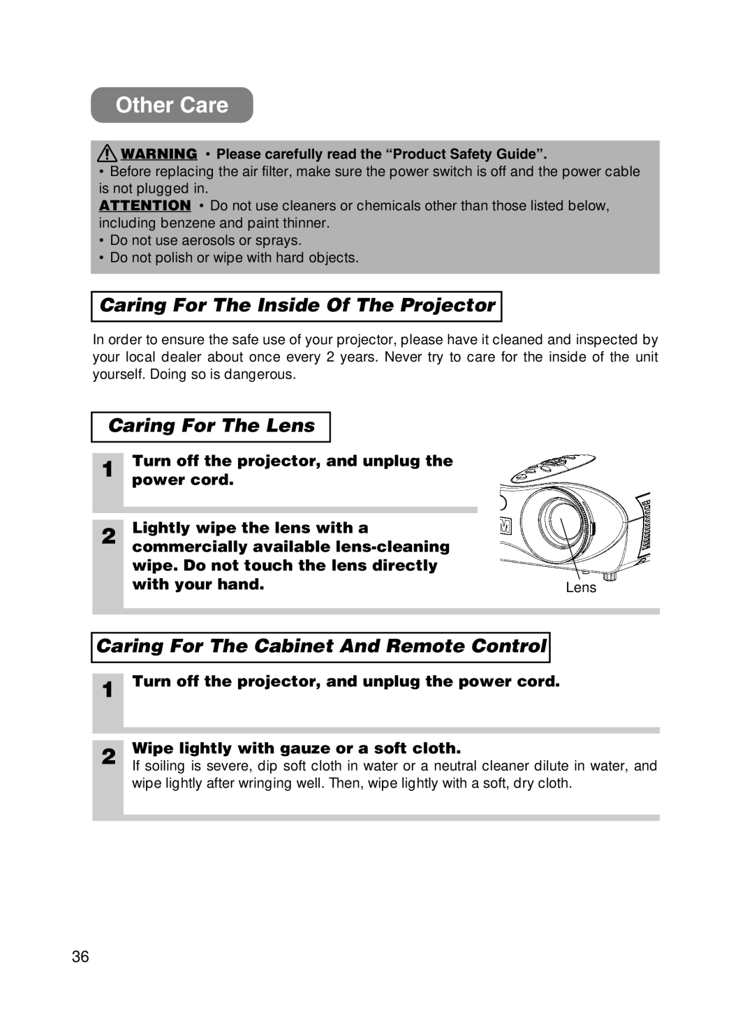 3M H10 Other Care, Caring For The Inside Of The Projector, Caring For The Lens, Caring For The Cabinet And Remote Control 