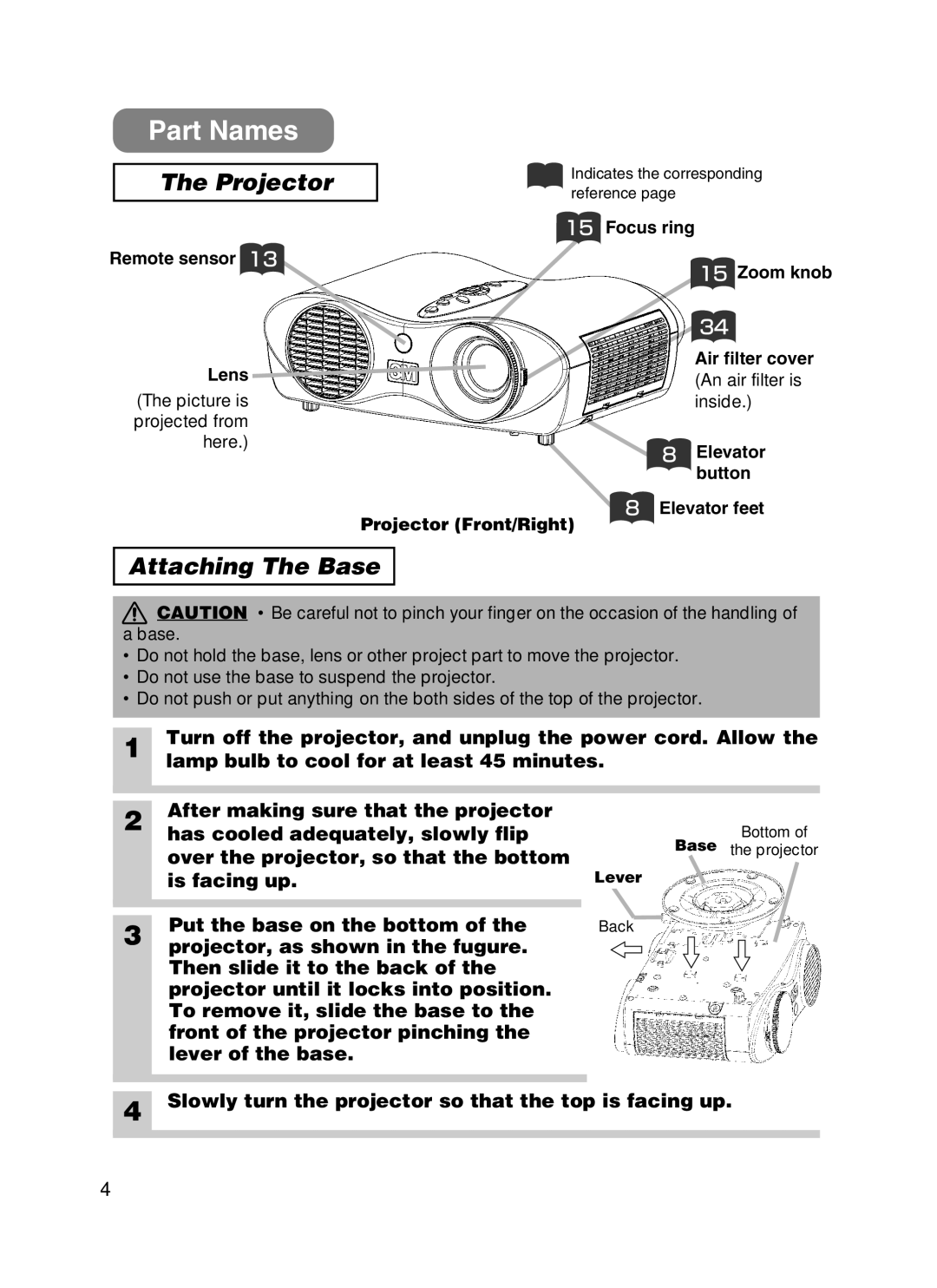 3M H10 manual Part Names, Projector, Attaching The Base, Slowly turn the projector so that the top is facing up, Lever 