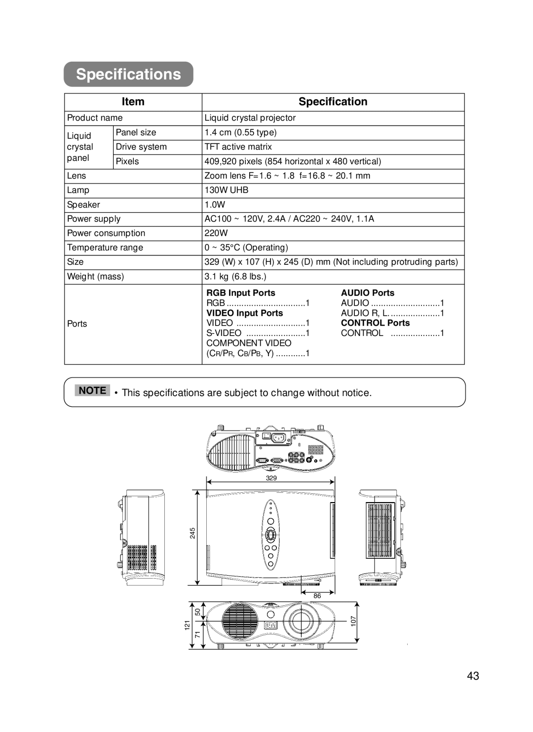 3M H10 manual Specifications, RGB Input Ports Audio Ports, Video Input Ports, Control Ports 