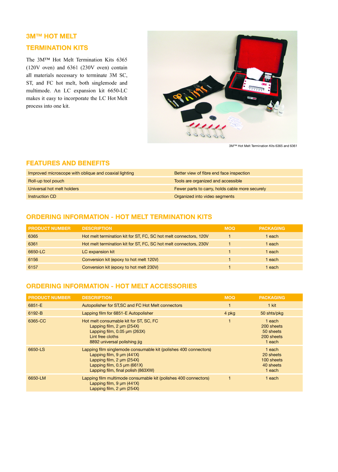 3M Hot Melt Fibre Optic manual 3M HOT Melt Termination Kits, Ordering Information HOT Melt Termination Kits 