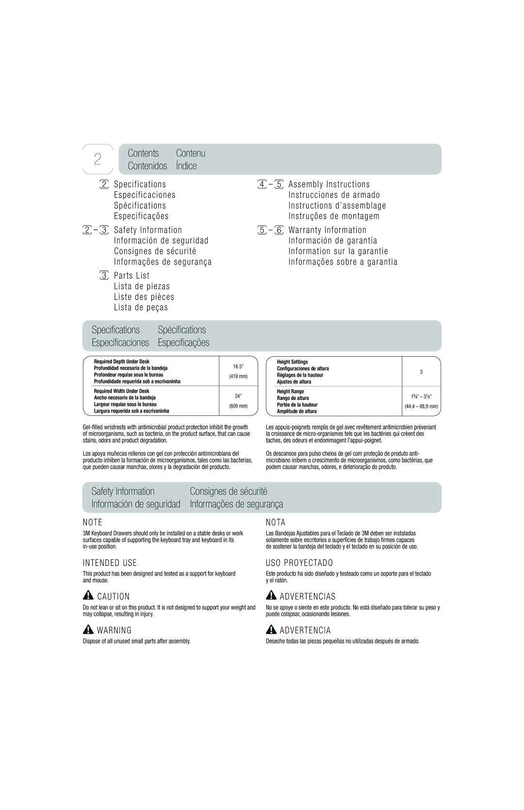 3M KD45 owner manual Contents Contenu, Índice, Safety Information, Spécifications 