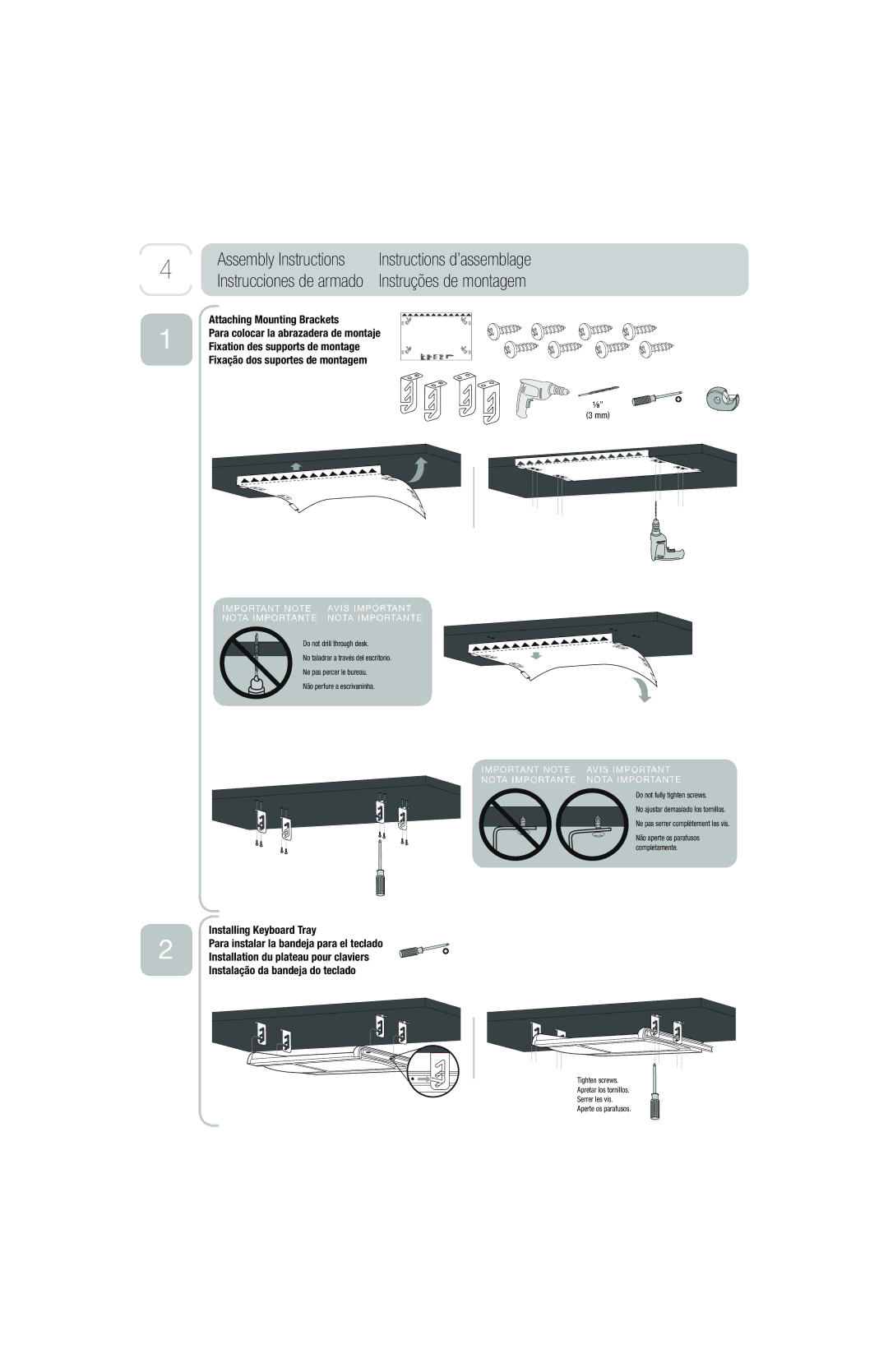 3M KD45 owner manual Assembly Instructions, Fixação dos suportes de montagem 