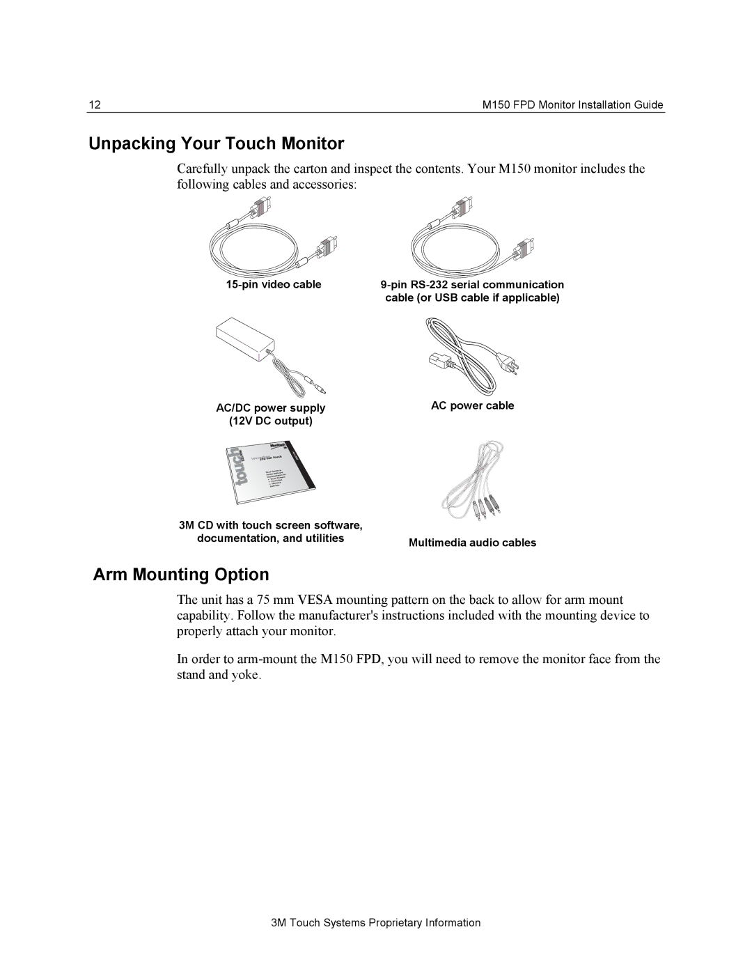 3M M150 manual Unpacking Your Touch Monitor, Arm Mounting Option 