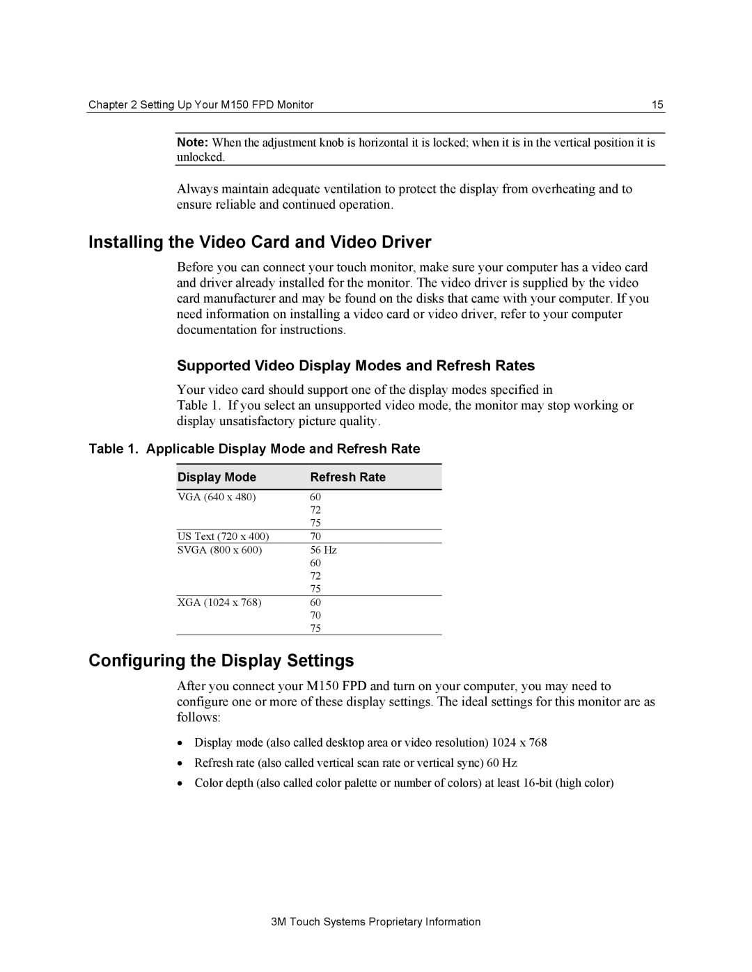 3M M150 manual Installing the Video Card and Video Driver, Configuring the Display Settings 
