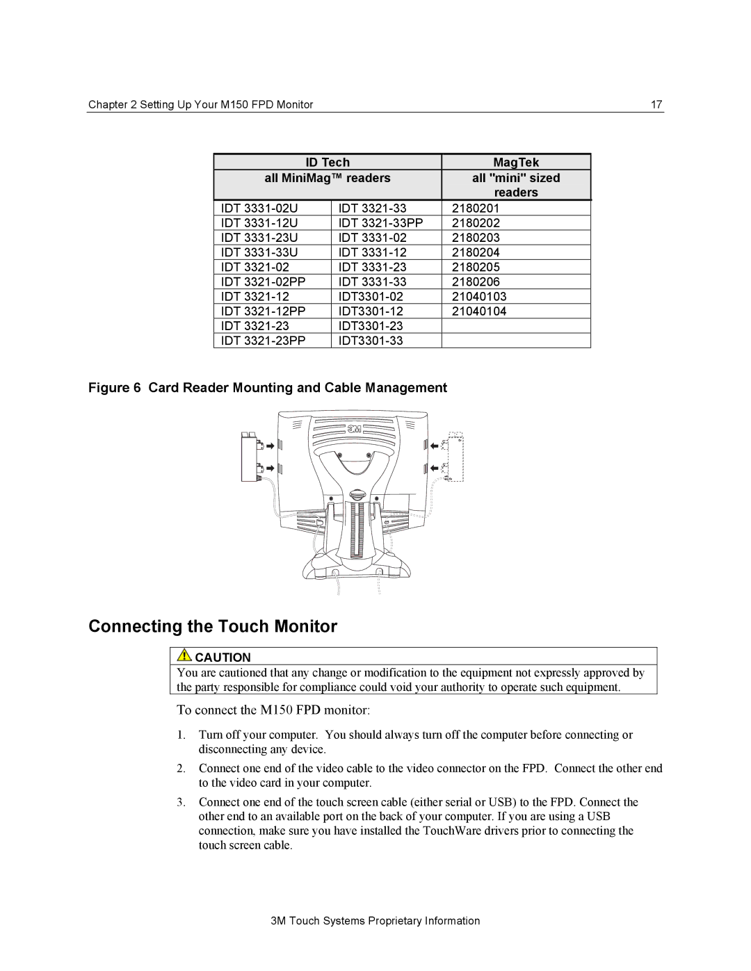 3M M150 manual Connecting the Touch Monitor, ID Tech MagTek All MiniMag readers All mini sized Readers 