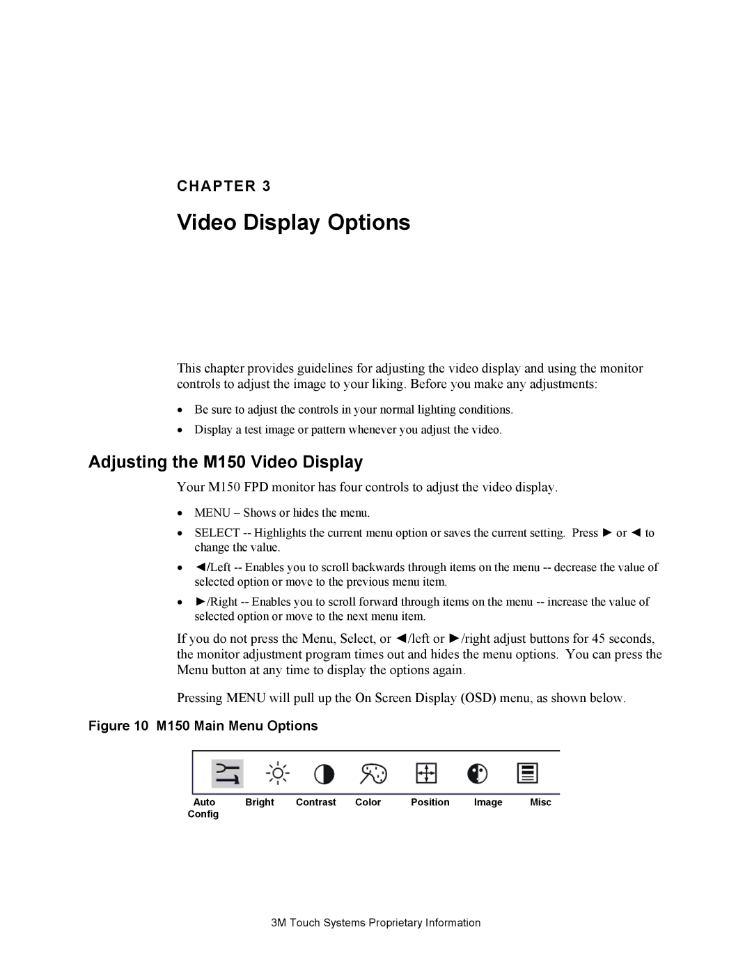 3M manual Video Display Options, Adjusting the M150 Video Display 