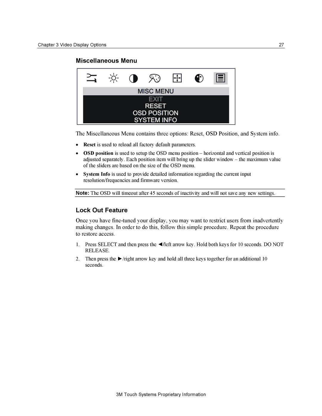 3M M150 manual Miscellaneous Menu, Lock Out Feature 