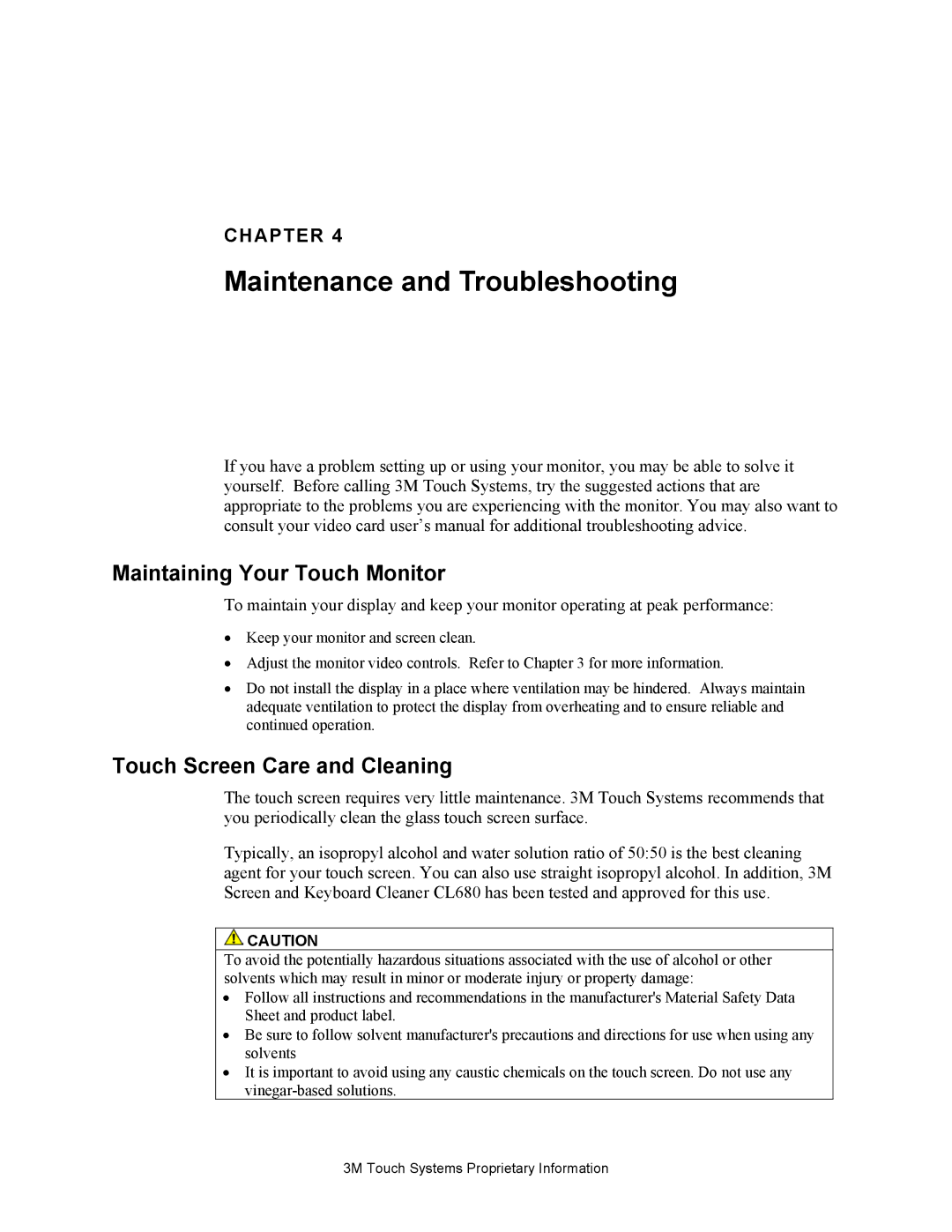 3M M150 manual Maintenance and Troubleshooting, Maintaining Your Touch Monitor, Touch Screen Care and Cleaning 