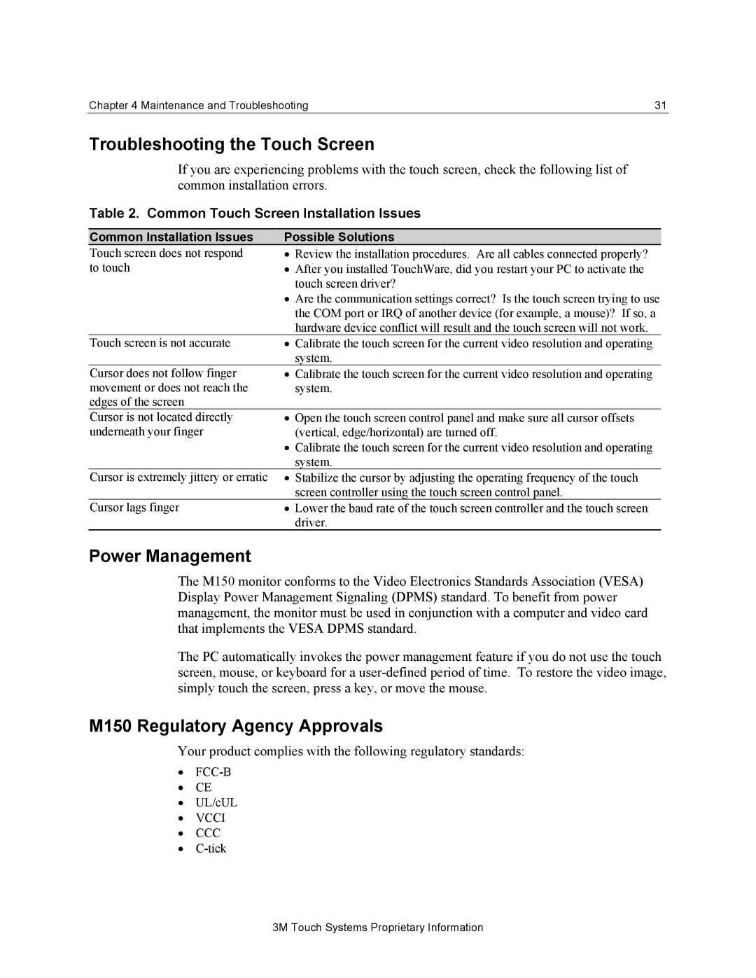 3M manual Troubleshooting the Touch Screen, Power Management, M150 Regulatory Agency Approvals 