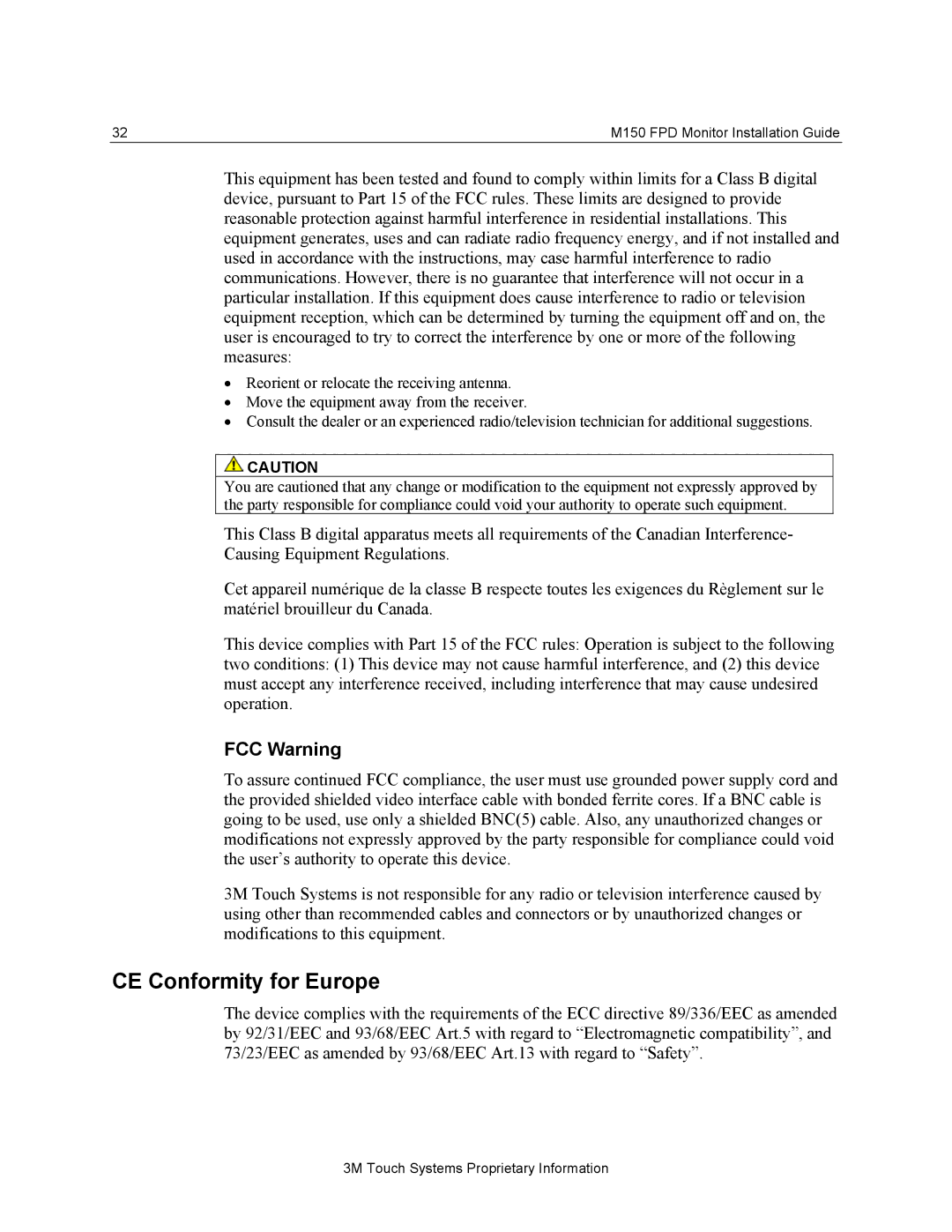 3M M150 manual CE Conformity for Europe, FCC Warning 