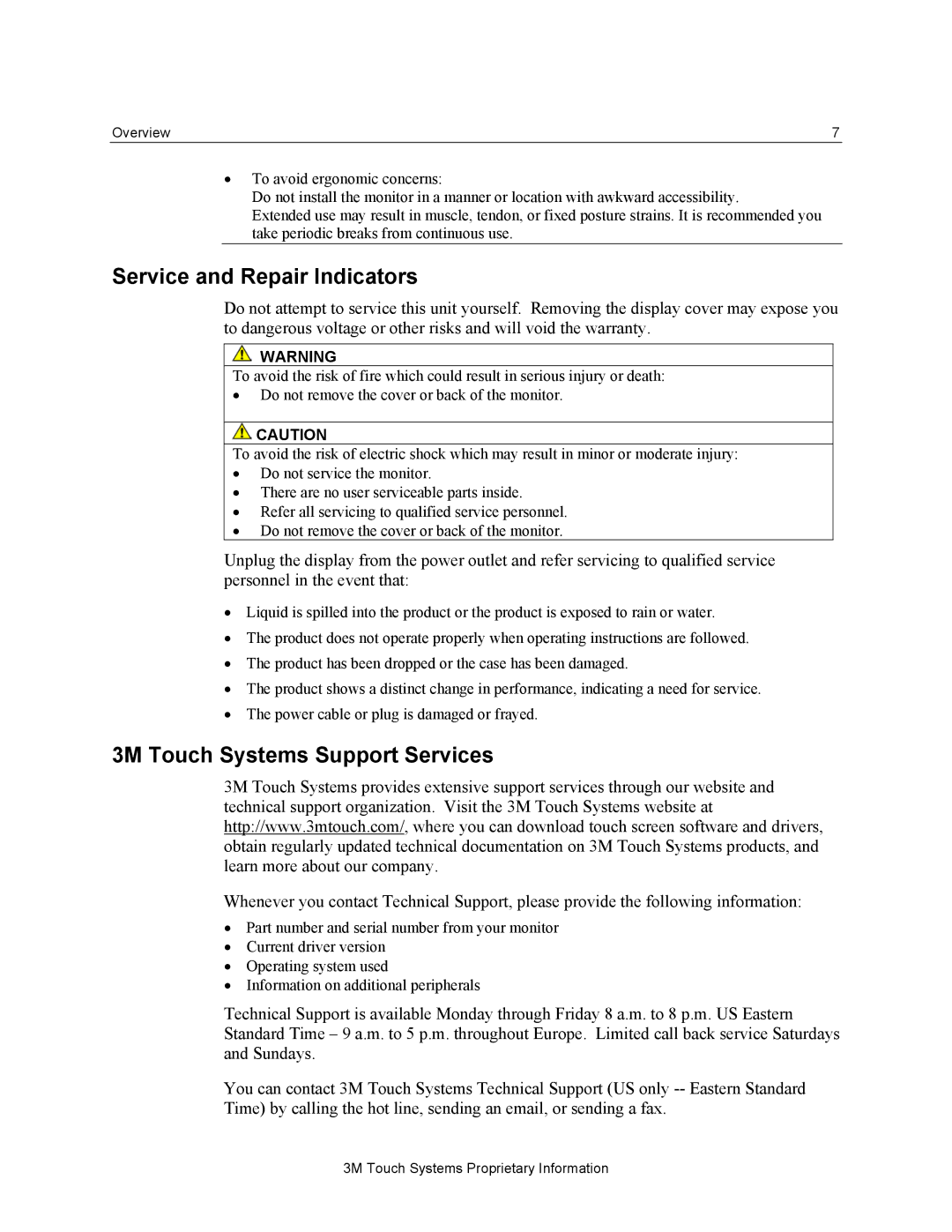 3M M150 manual Service and Repair Indicators, 3M Touch Systems Support Services 