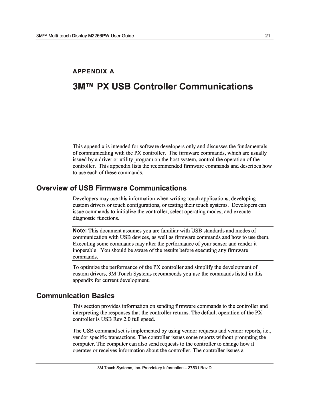 3M M2256PW 3M PX USB Controller Communications, Overview of USB Firmware Communications, Communication Basics, Appendix A 