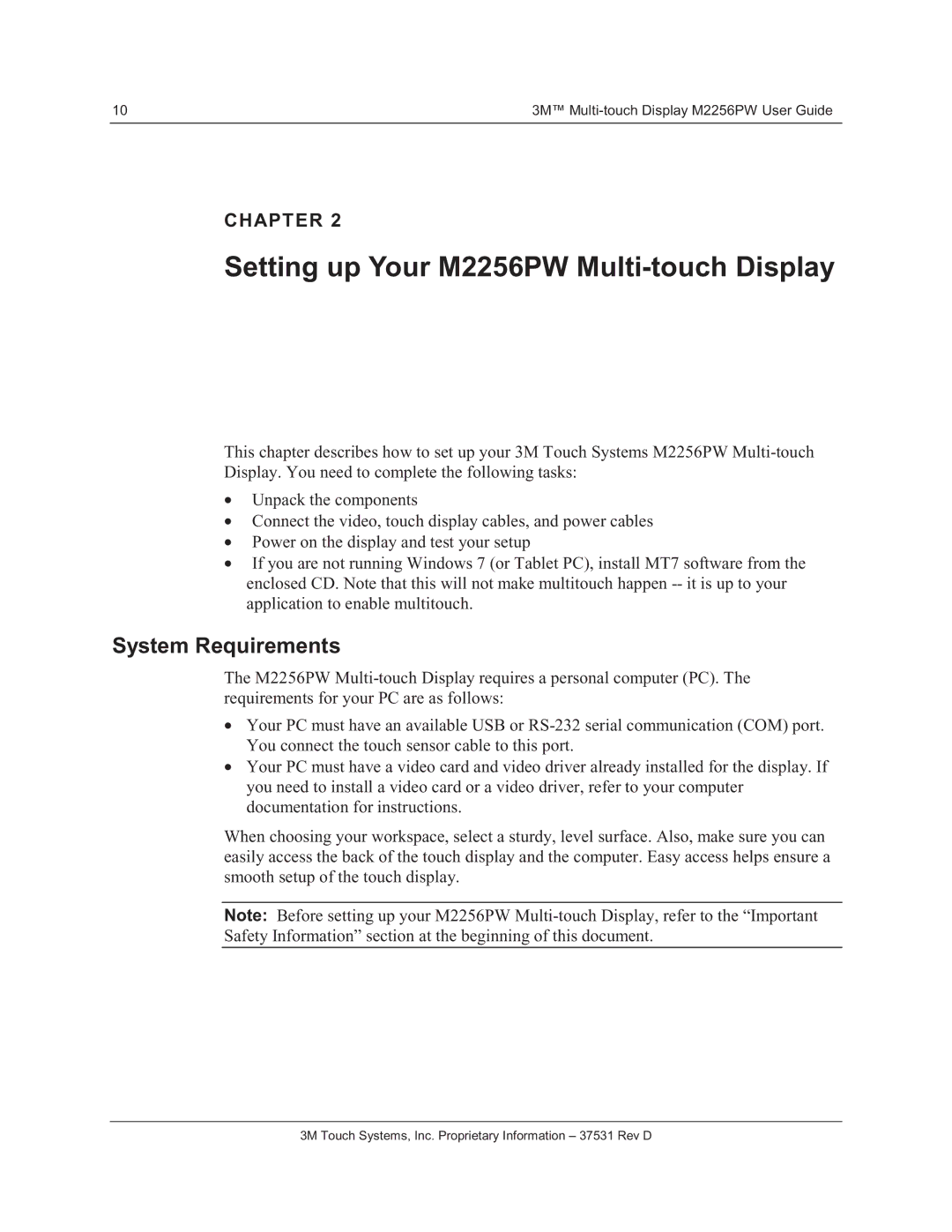 3M manual Setting up Your M2256PW Multi-touch Display, System Requirements 