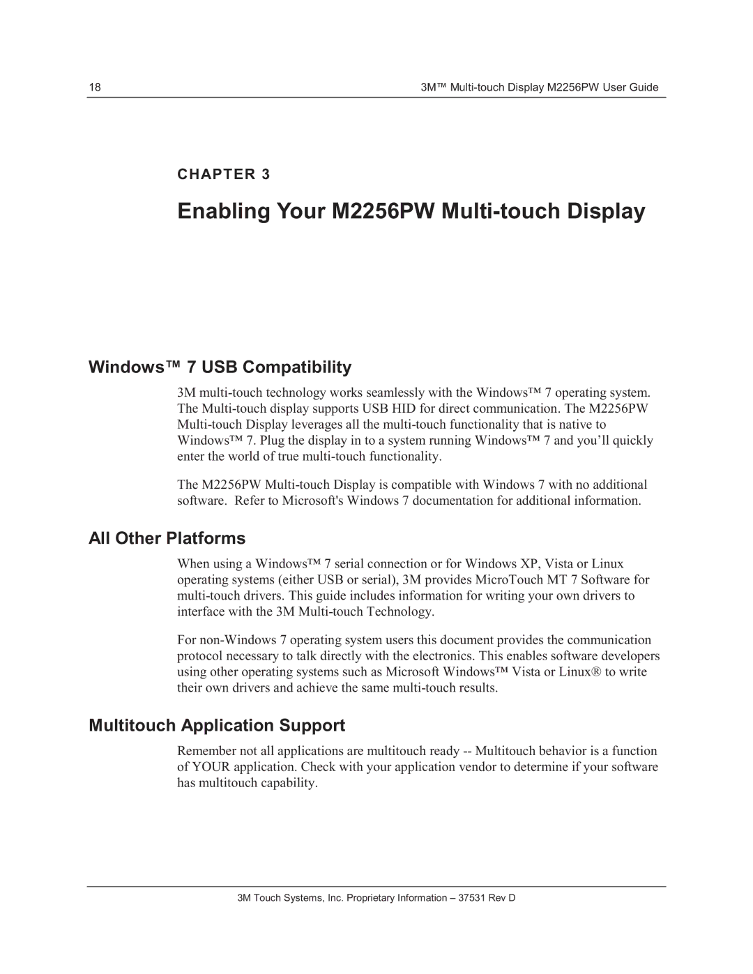 3M manual Enabling Your M2256PW Multi-touch Display, Windows 7 USB Compatibility, All Other Platforms 