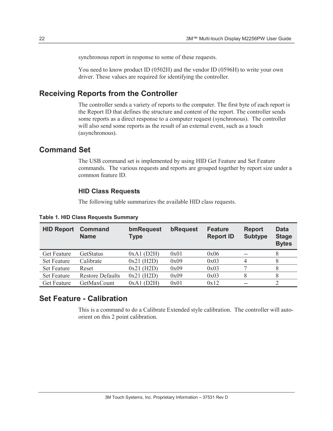 3M M2256PW manual Receiving Reports from the Controller, Command Set, Set Feature Calibration, HID Class Requests 