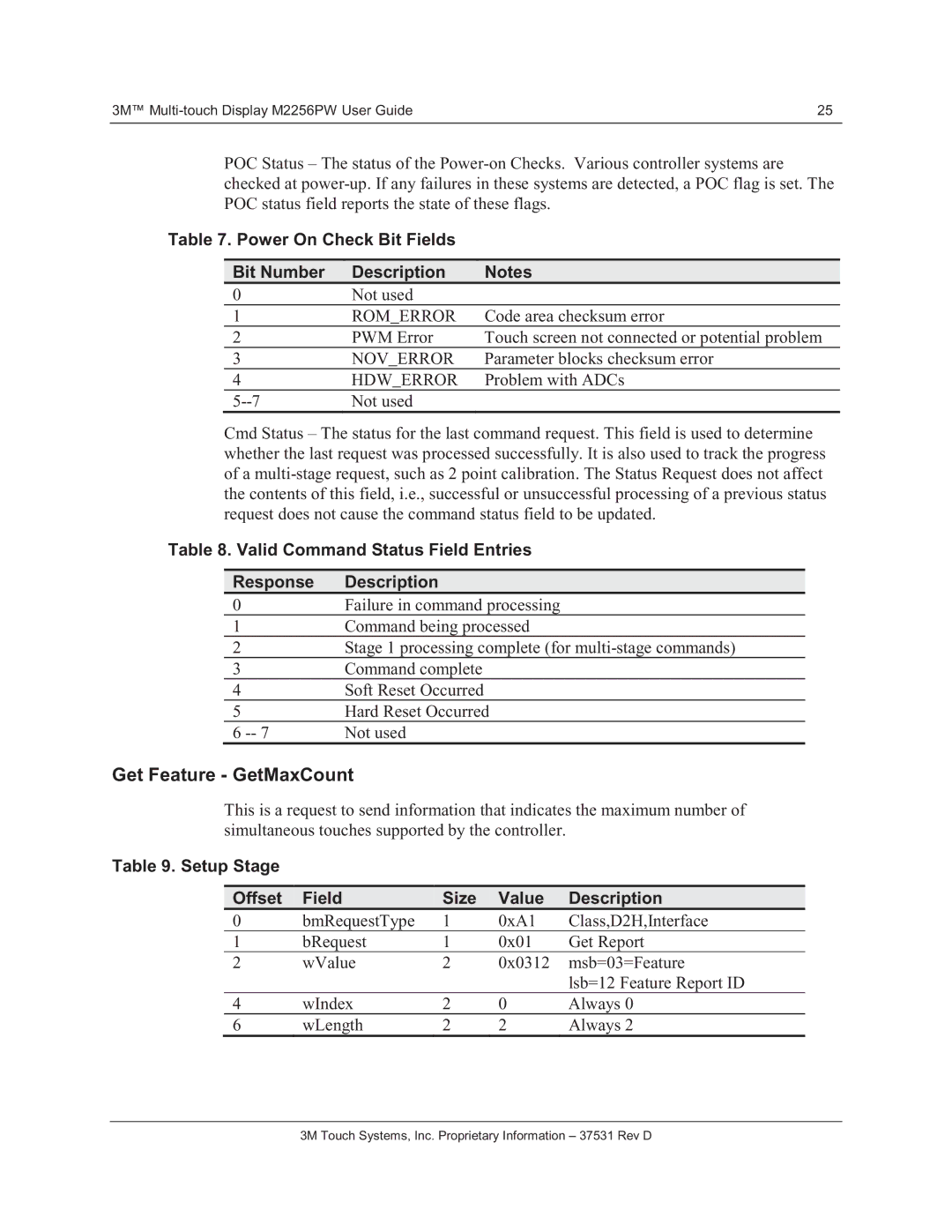3M M2256PW manual Get Feature GetMaxCount, Power On Check Bit Fields Bit Number Description 