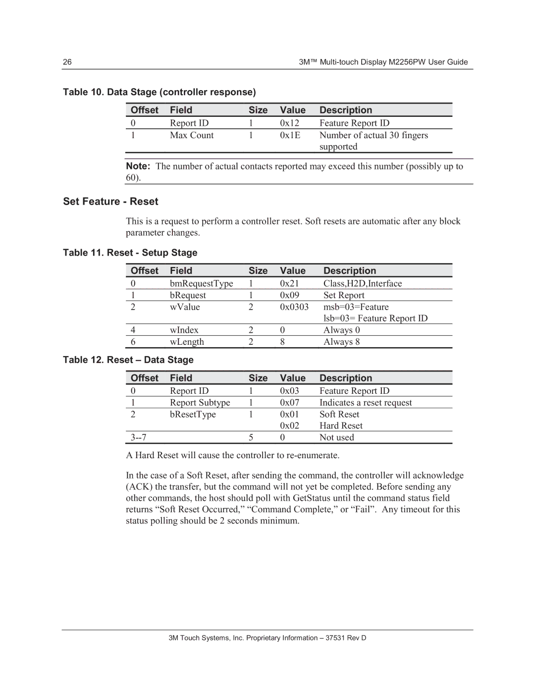 3M M2256PW manual Set Feature Reset, Reset Setup Stage Offset Field Size Value Description 